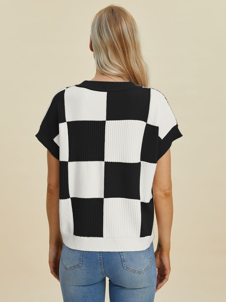 Double Take Checkered Short Sleeve Sweater