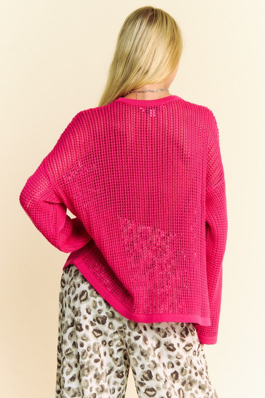 Davi & Dani Star Crochet Knit Top In Deep Rose