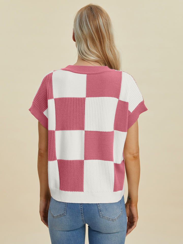 Double Take Checkered Short Sleeve Sweater