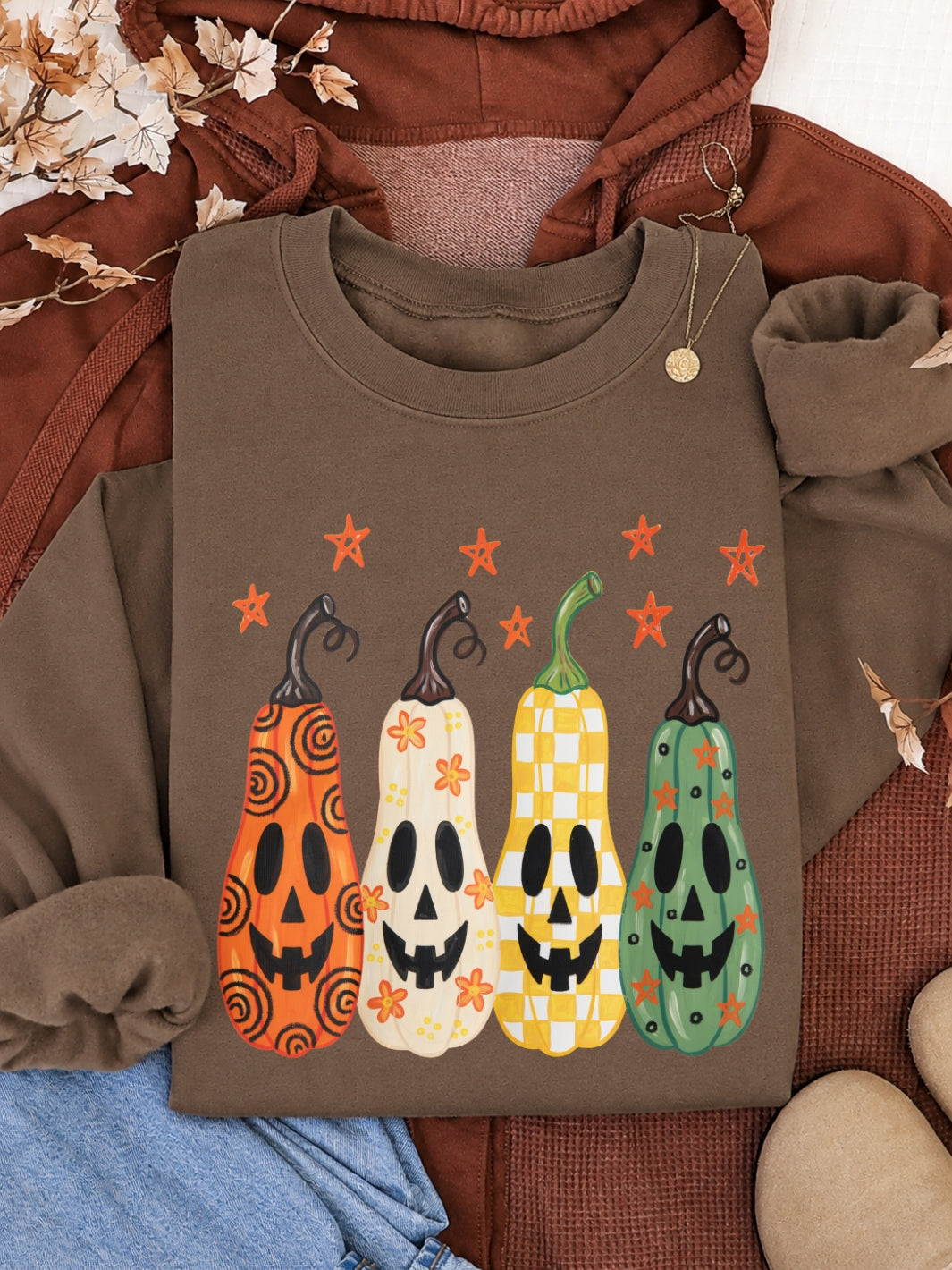 Retro Fall Pumpkins Graphic Crewneck Sweatshirt