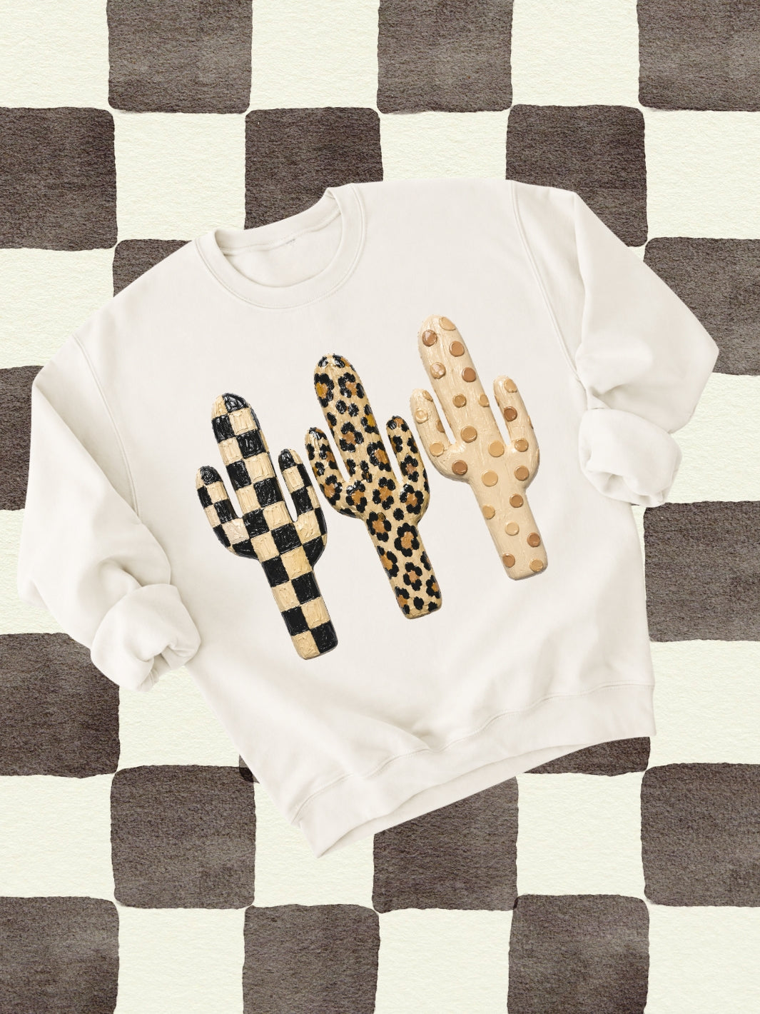 Western Retro Checkered Cactus Graphic Crewneck Sweatshirt