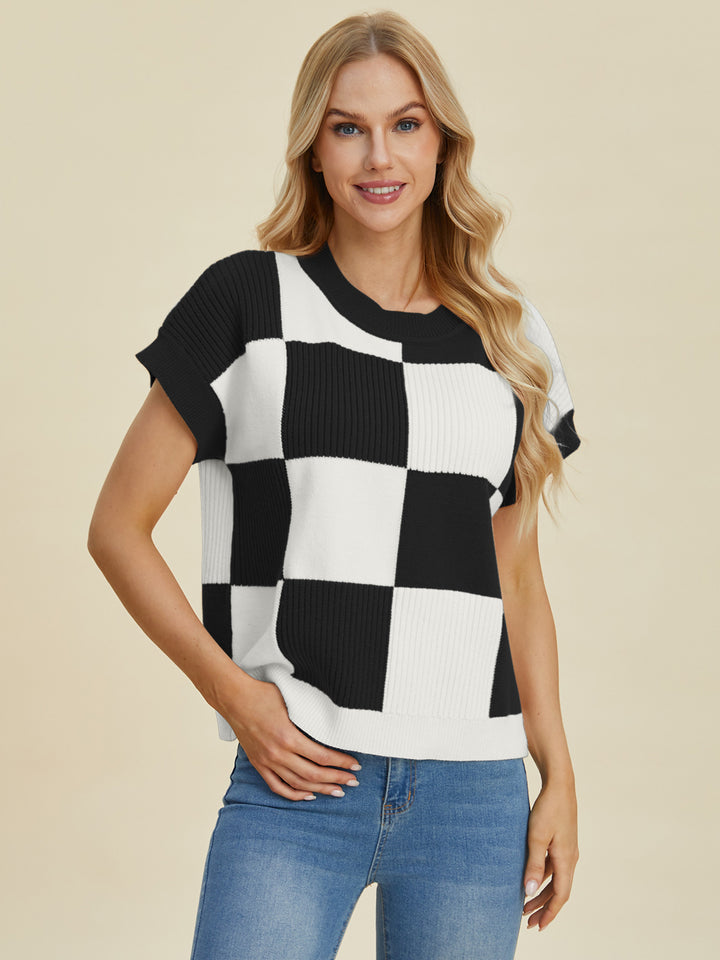 Double Take Checkered Short Sleeve Sweater