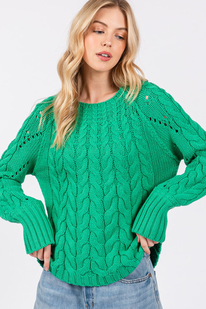 SAGE + FIG Cable-Knit Long Sleeve Sweater In Emerald