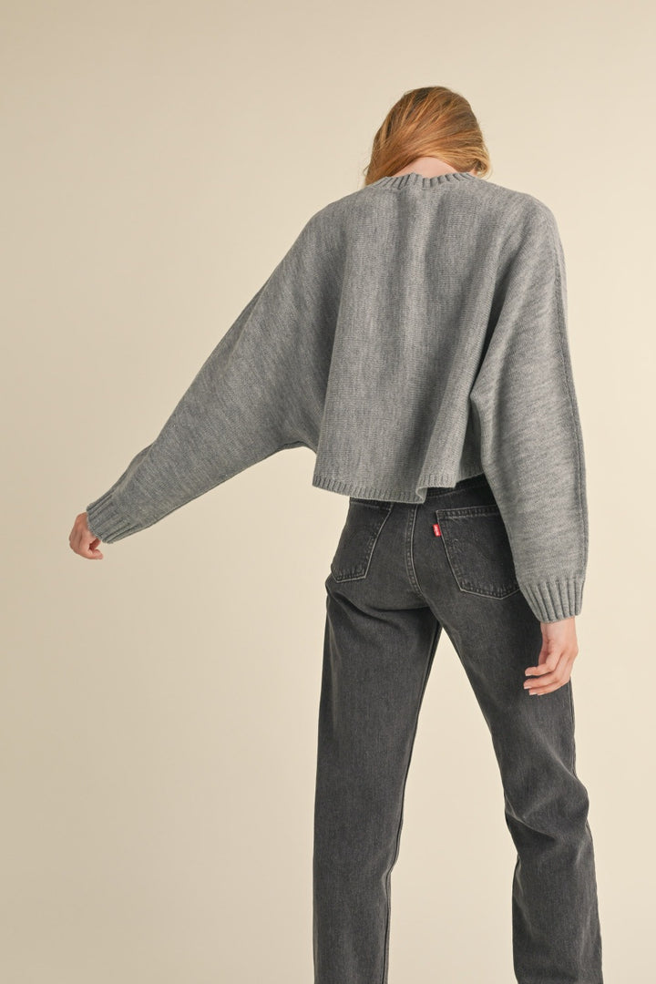 Mable Round Neck Dolman Sleeve Cropped Sweater In H Grey