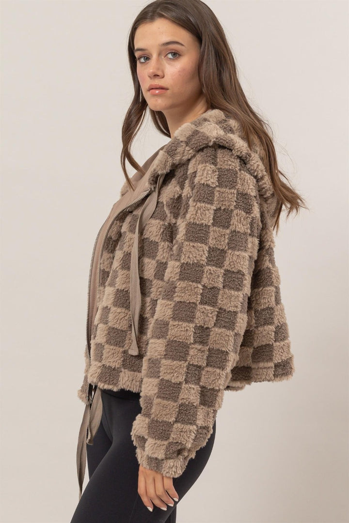 HYFVE Zip Up Sherpa Checkered Hooded Jacket In Mocha