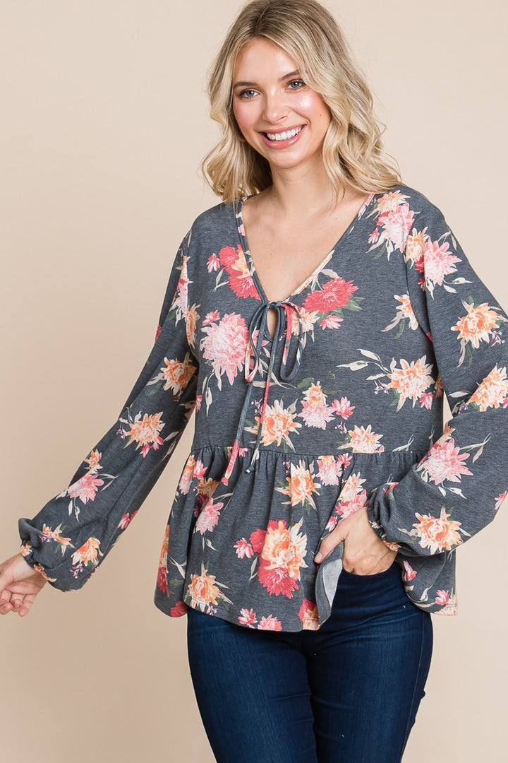 Super Lady Babydoll Floral Long Sleeve Blouse