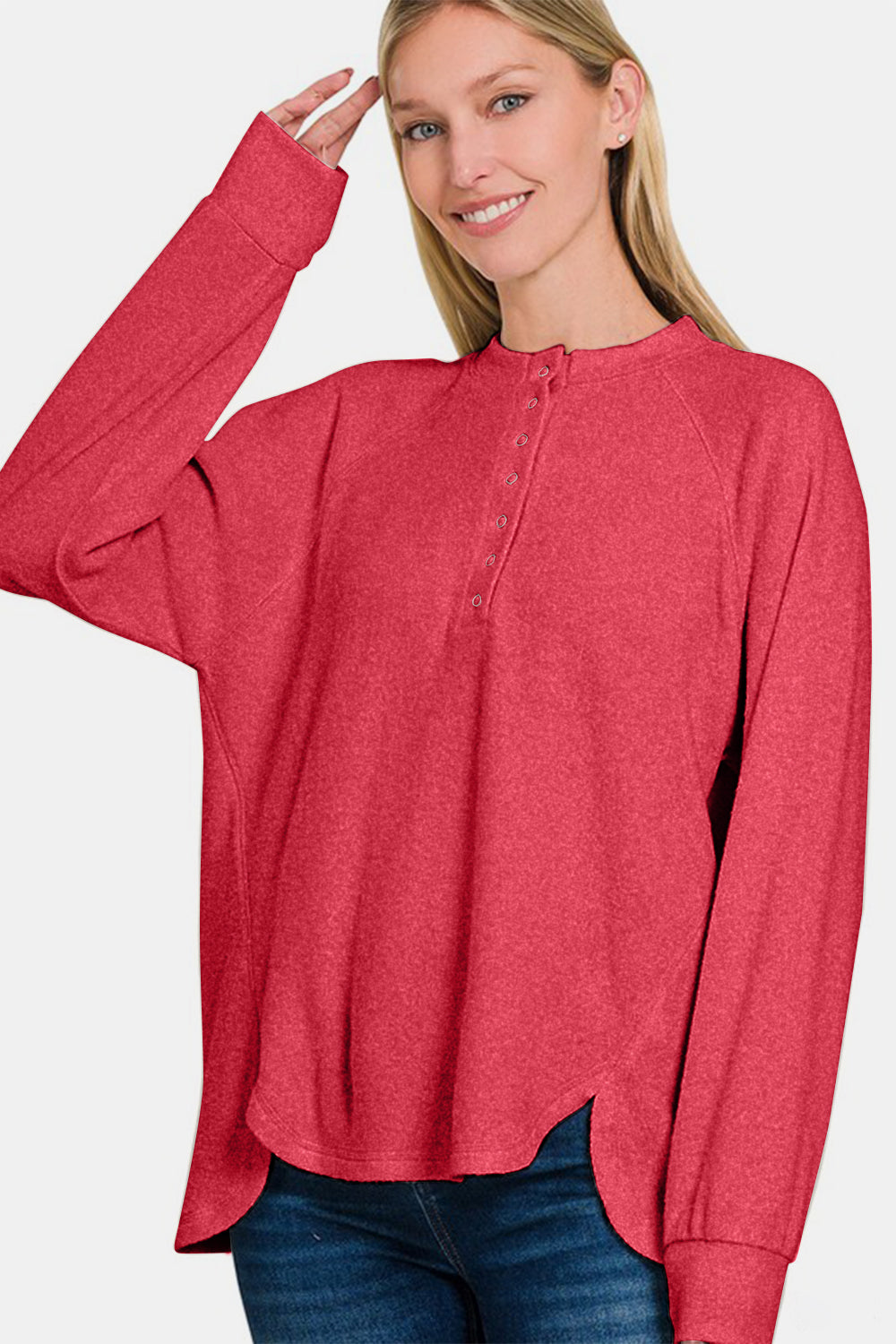 Zenana Brushed Melange Hacci High-Low Sweater In Strawberry