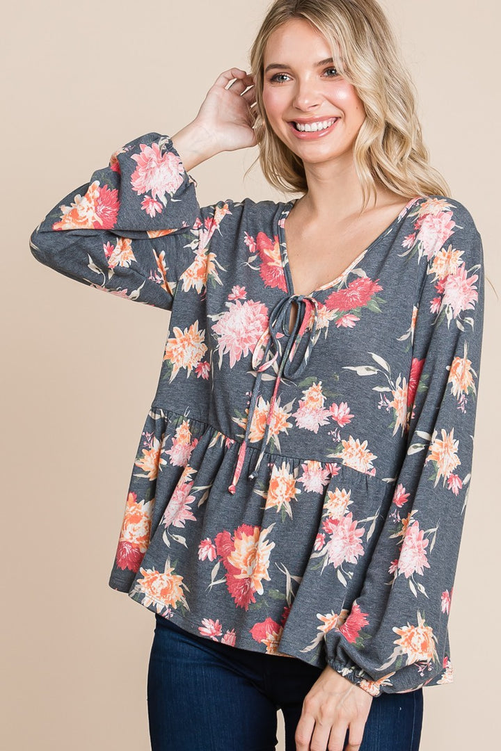 Super Lady Babydoll Floral Long Sleeve Blouse