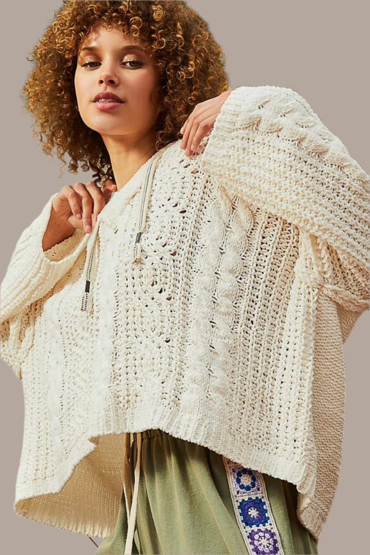 POL Cable Knit Hooded Chenille Sweater In Cream