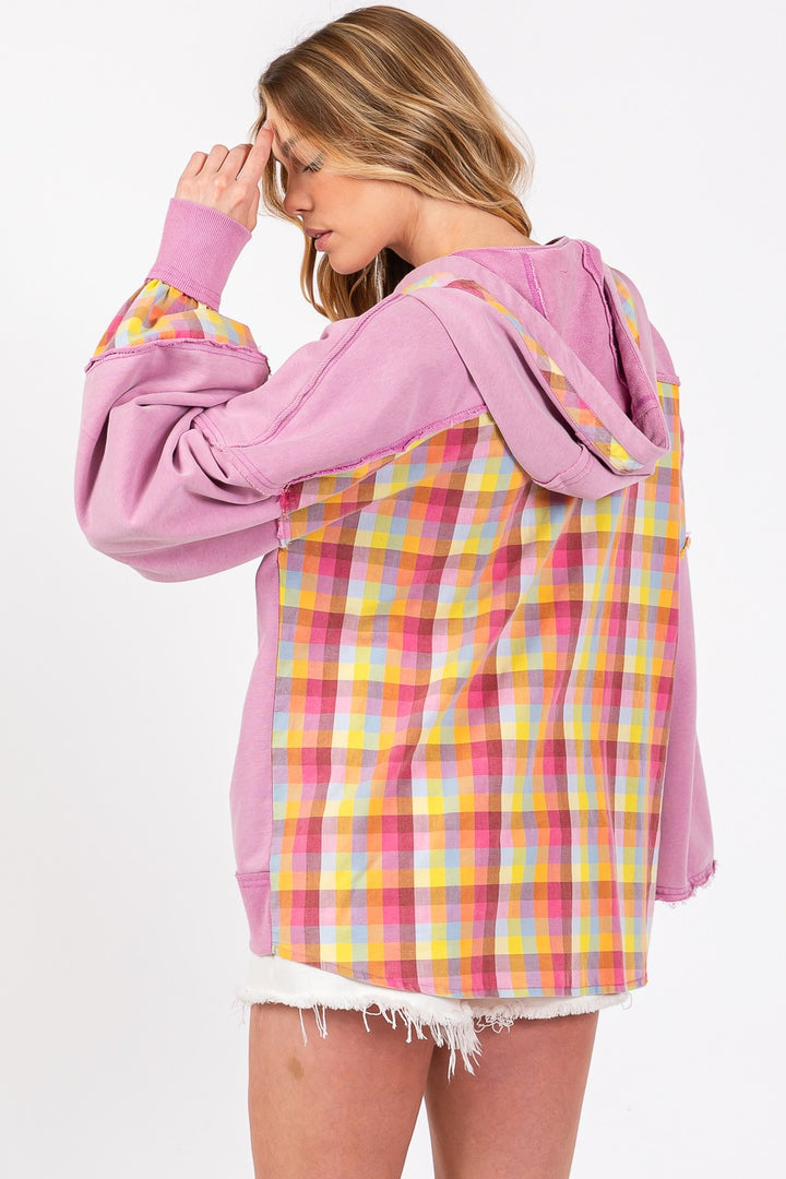 SAGE + FIG Plaid Print Washed Hoodie In Lilac