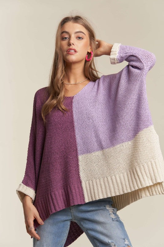 ADORA Side Slit Color Block Sweater In Deep Purple