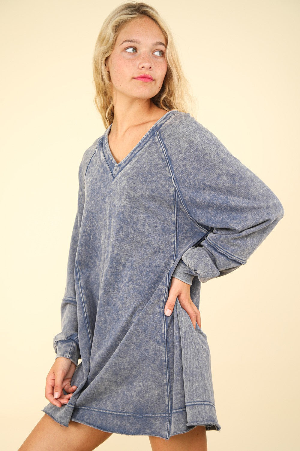 VERY J Mineral Washed Oversized A-Line Mini Dress In Denim