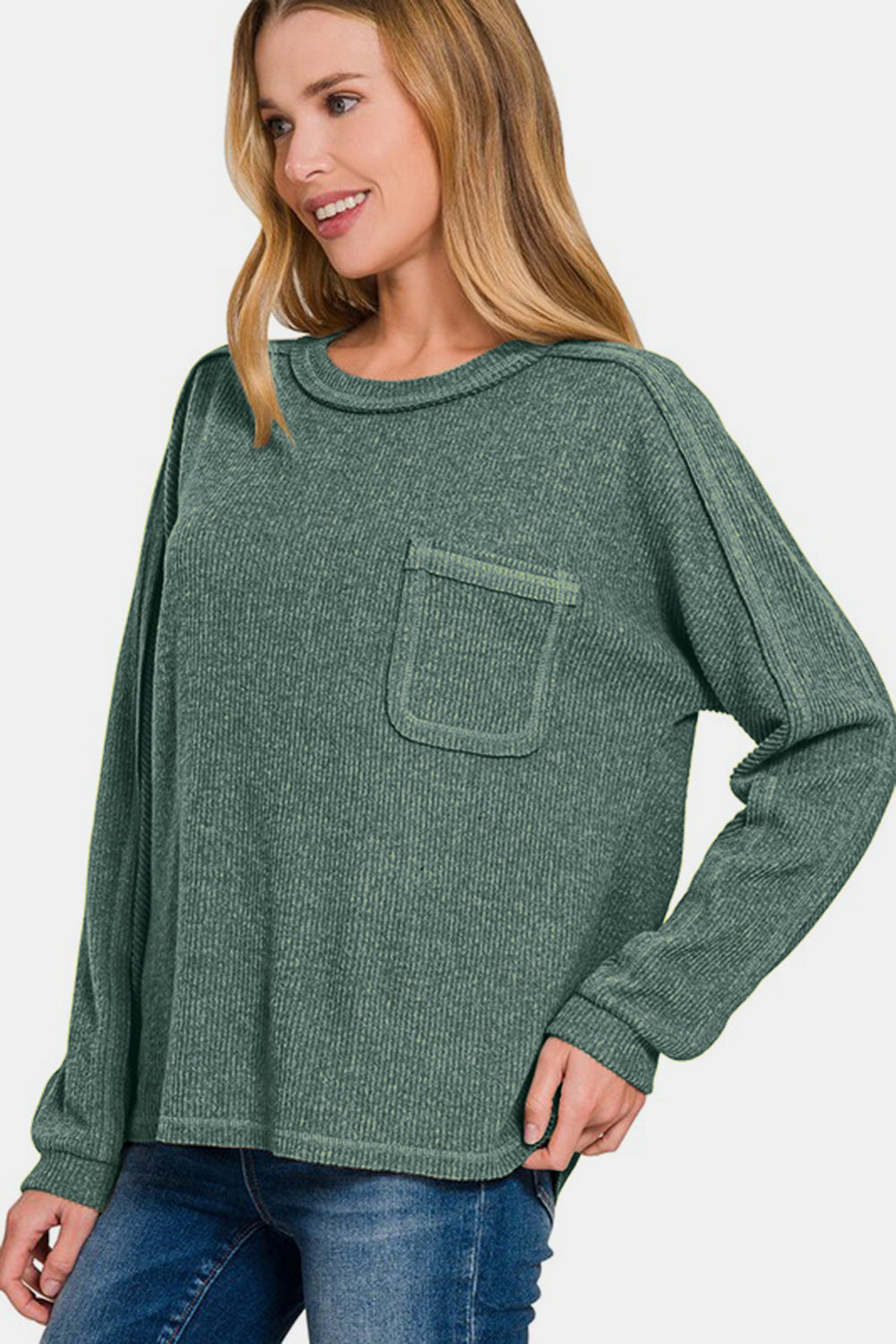 Zenana Brushed Ribbed Hacci Knit Top In Ash Jade