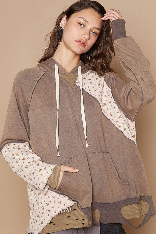 POL Floral Patchwork Distressed Hoodie In Mocha