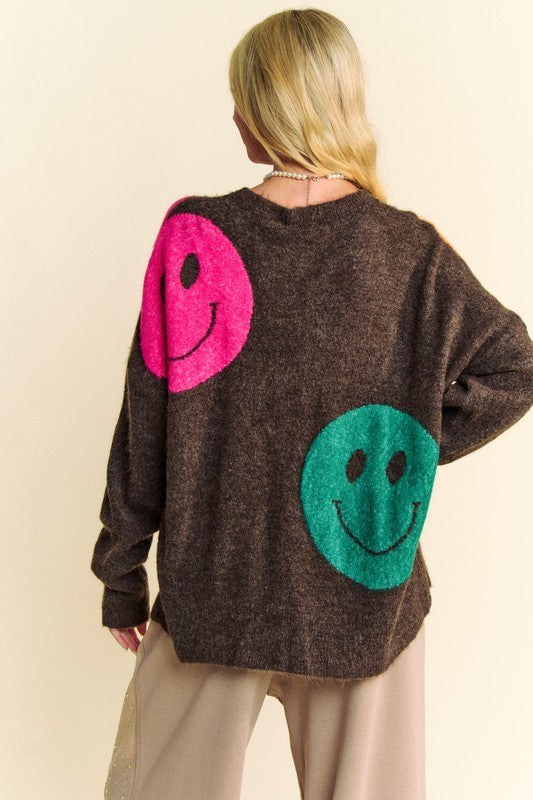 Davi & Dani Smile Round Neck Oversize Sweater In Brown