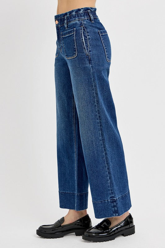 RISEN Elastic Band Wide Leg Jeans In Dark Wash