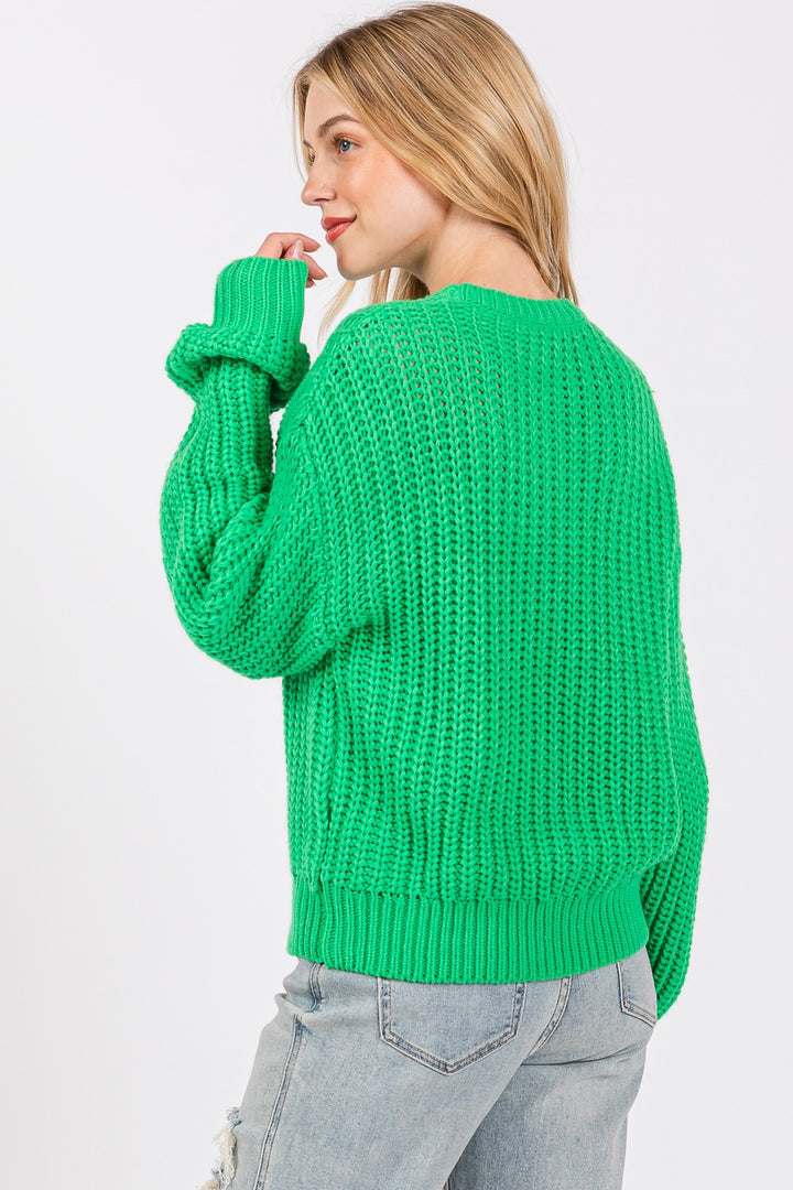 SAGE + FIG Round Neck Drop Shoulder Sweater In Green