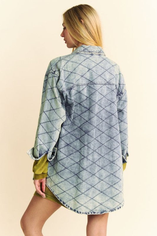 Davi & Dani Diamond Quilted Denim Shacket In Light Blue