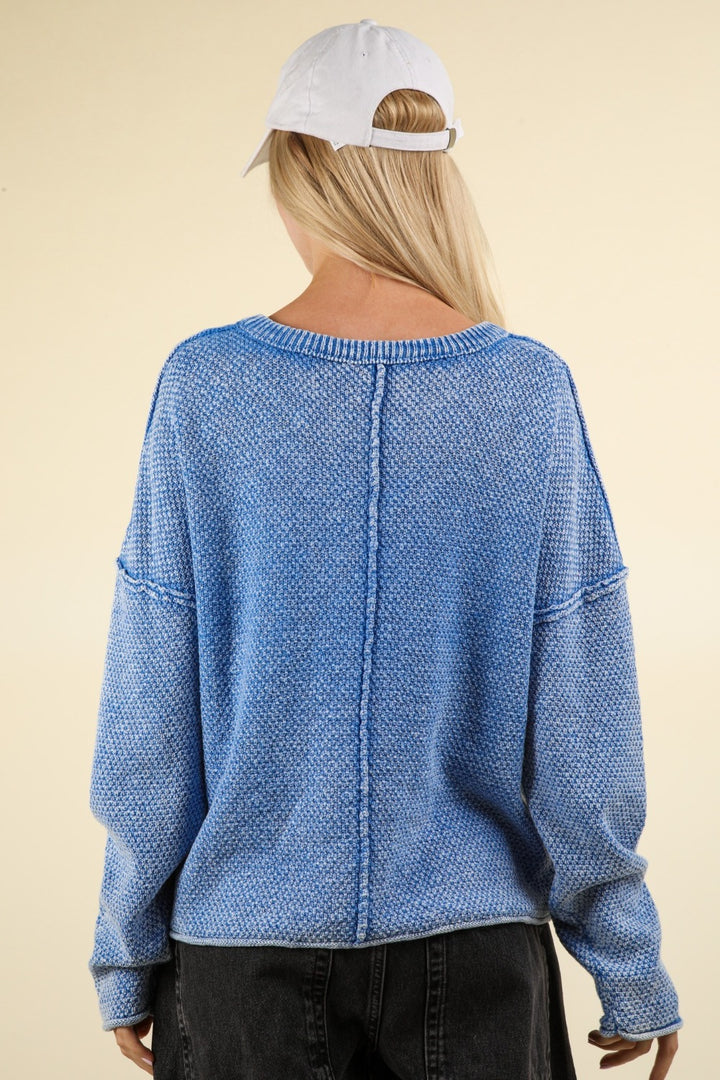 VERY J Mineral Washed Exposed Seam Sweater In Blue