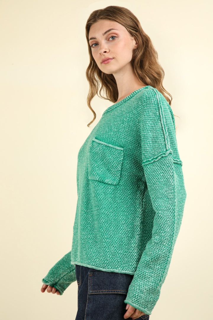 VERY J Mineral Washed Exposed Seam Sweater In Kelly Green