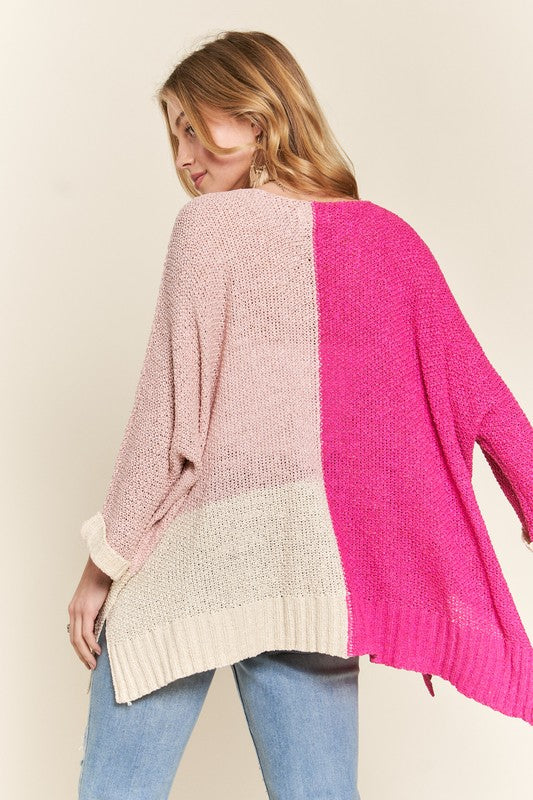 ADORA Side Slit Color Block Sweater In Hot Pink