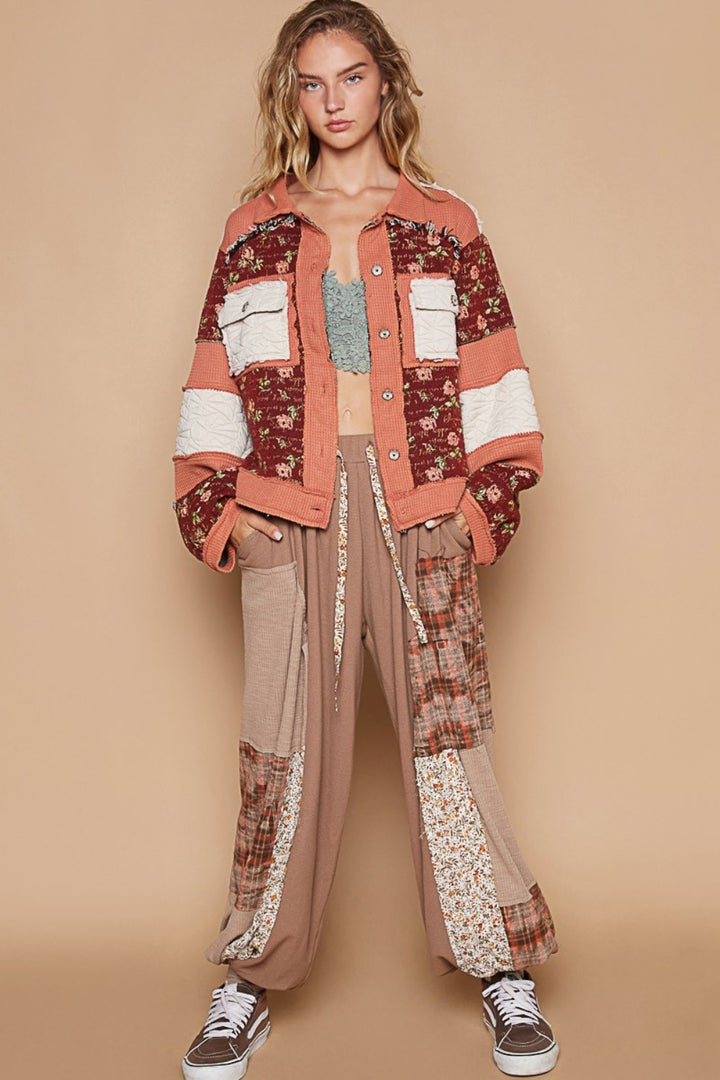 POL Washed Jacquard Color Block Jacket In Brick