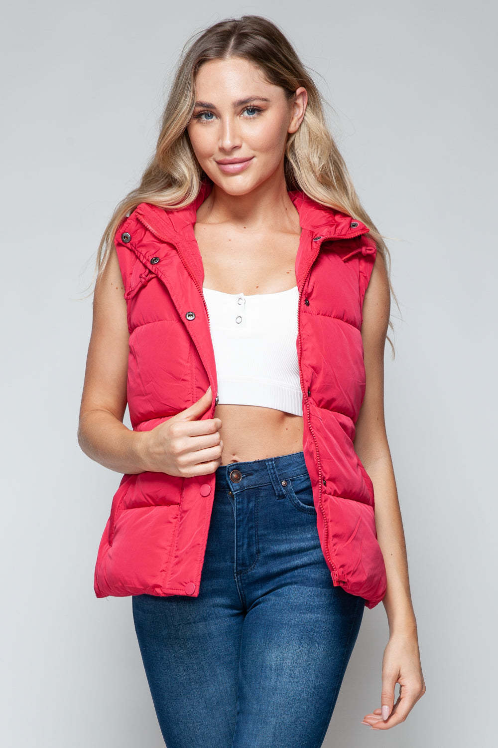 Snobbish Snap and Zip Closure Hooded Vest In Magenta