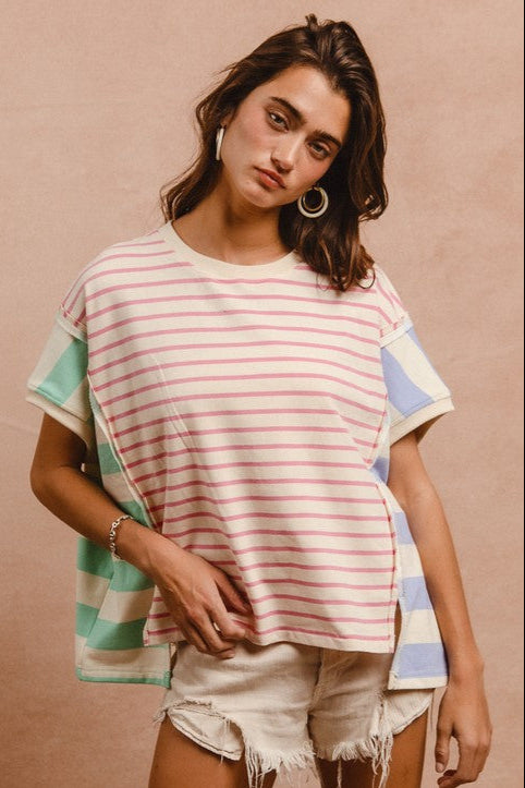 BiBi Slit Exposed Seam Striped Top In Pink