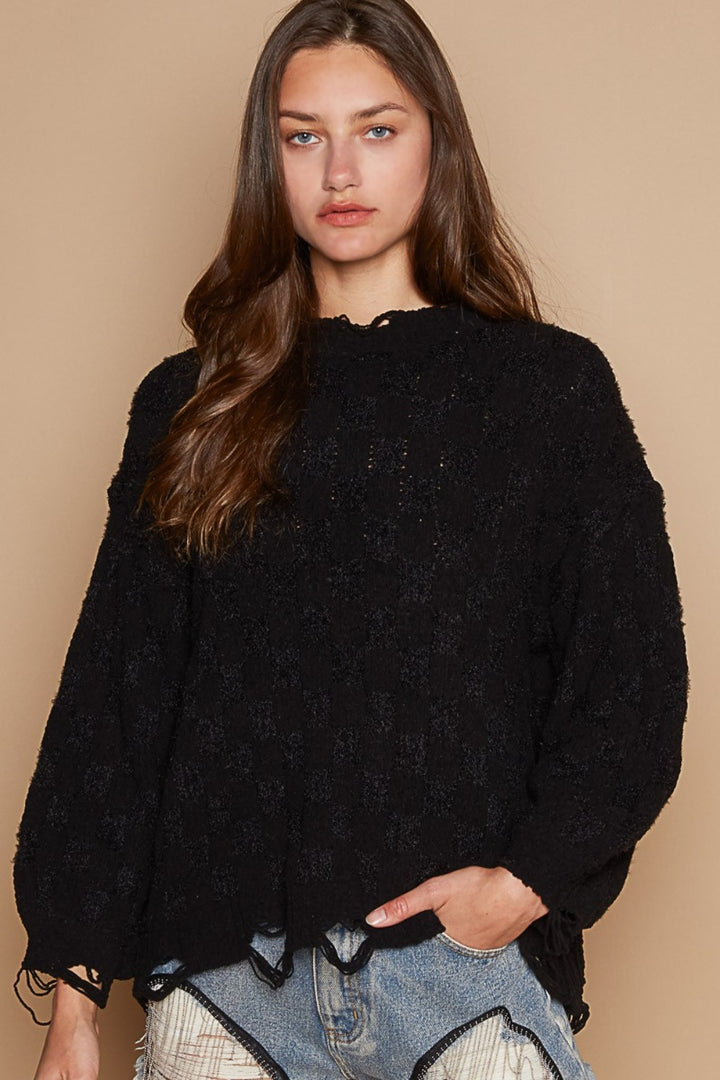 POL Cable Knit Cutout Long Sleeve Sweater In Black