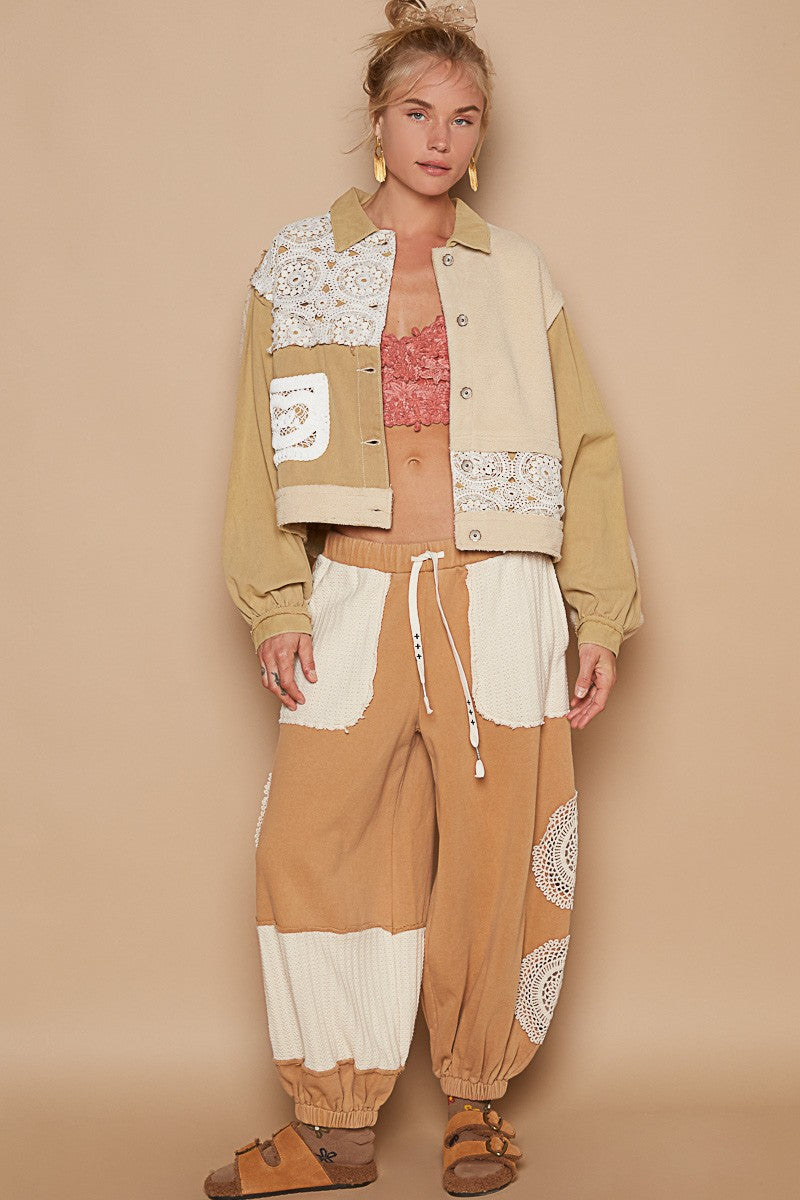 POL Crochet Patch Exposed Seam Button Up Jacket In Sand