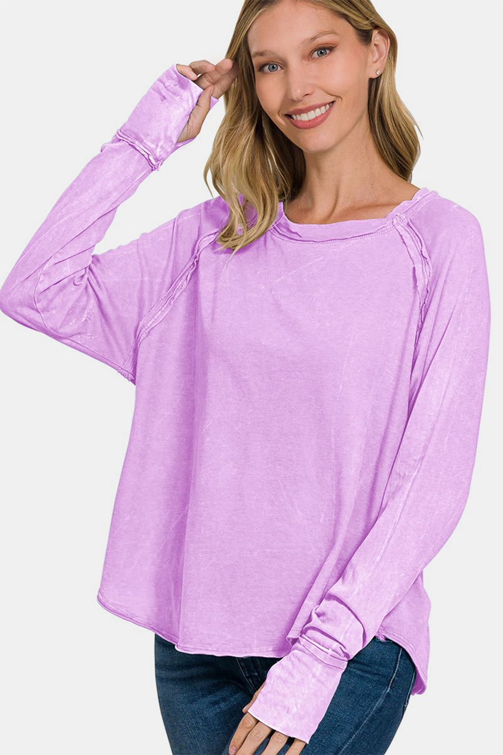 Zenana Round Neck Thumbhole Long Sleeve Top In Lavender