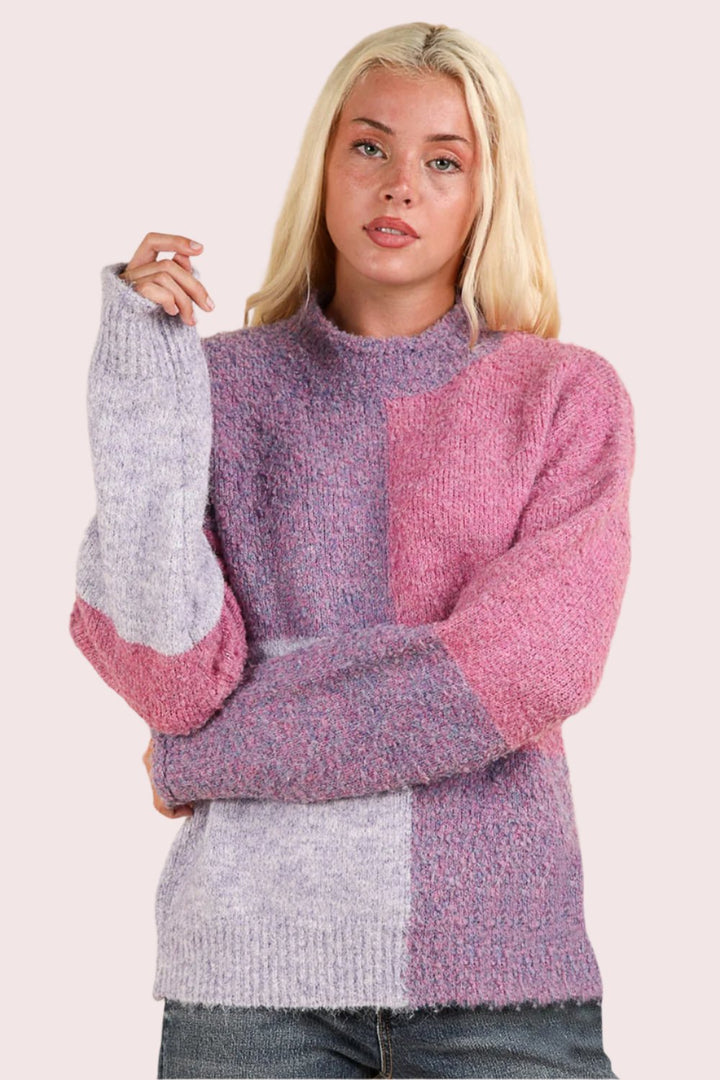 VERY J Color Block Mock Neck Drop Shoulder Sweater In Purple