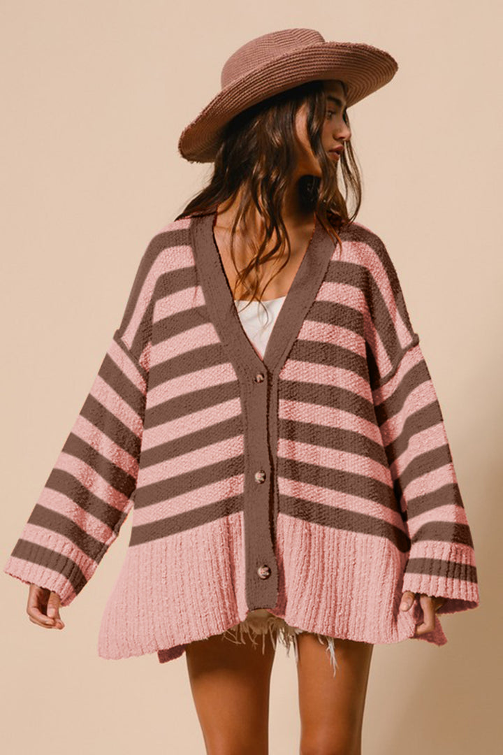 BiBi Slit Striped V-Neck Button Up Cardigan In Blush