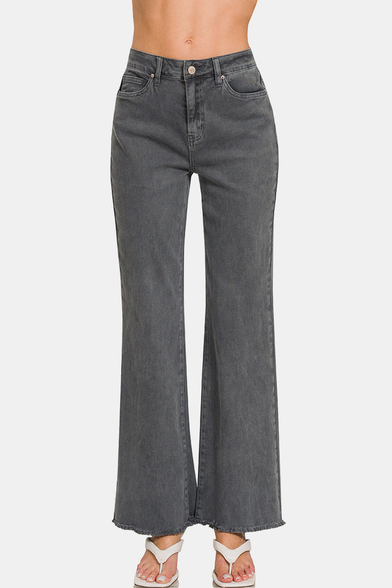 Zenana Acid Washed Frayed Hem Bootcut Jeans In Dark Gray