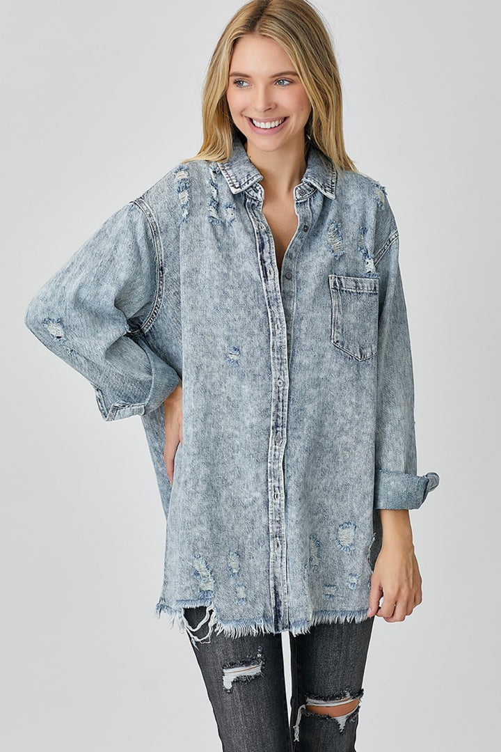 Katie Distressed Raw Hem Denim Shirt