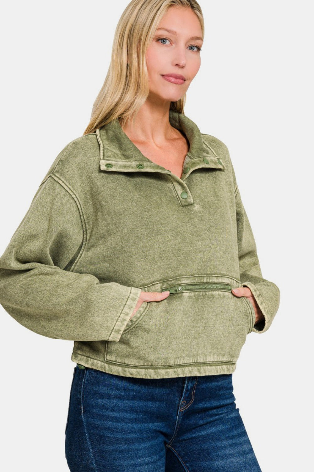 Zenana Acid Wash Fleece Half Snap Sweatshirt with Pocket In LT Olive