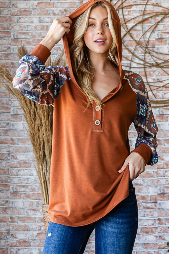 Heimish Half Button Printed Long Sleeve Hooded Top In Mocha