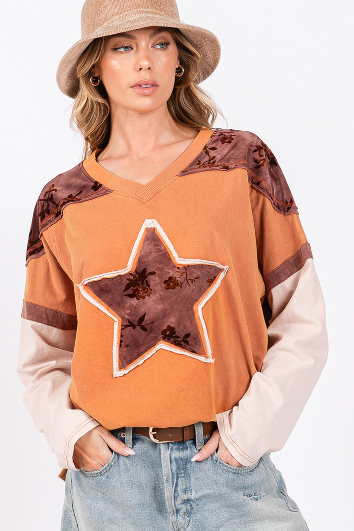 SAGE + FIG Star Patch Long Sleeve Color Block Top In Rust