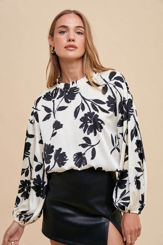 Annie Wear Frill Printed Balloon Sleeve Blouse In White