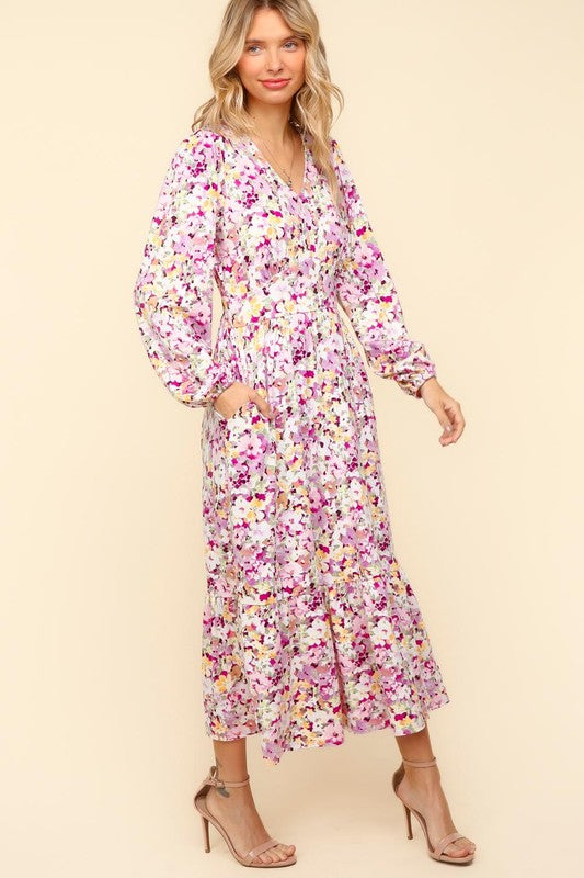 Haptics Floral V-Neck Long Sleeve Dress with Side Pockets In Lilac