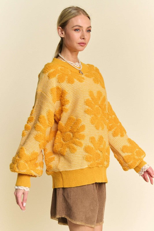 Davi & Dani Flower Texture Sweater In Gold