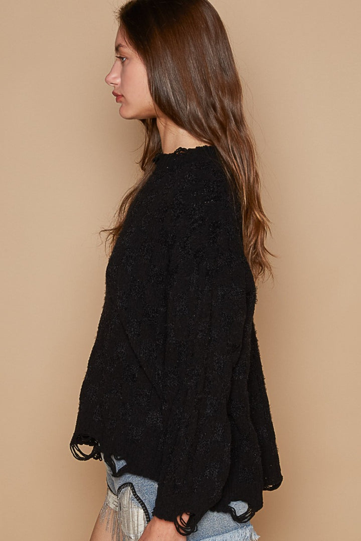 POL Cable Knit Cutout Long Sleeve Sweater In Black