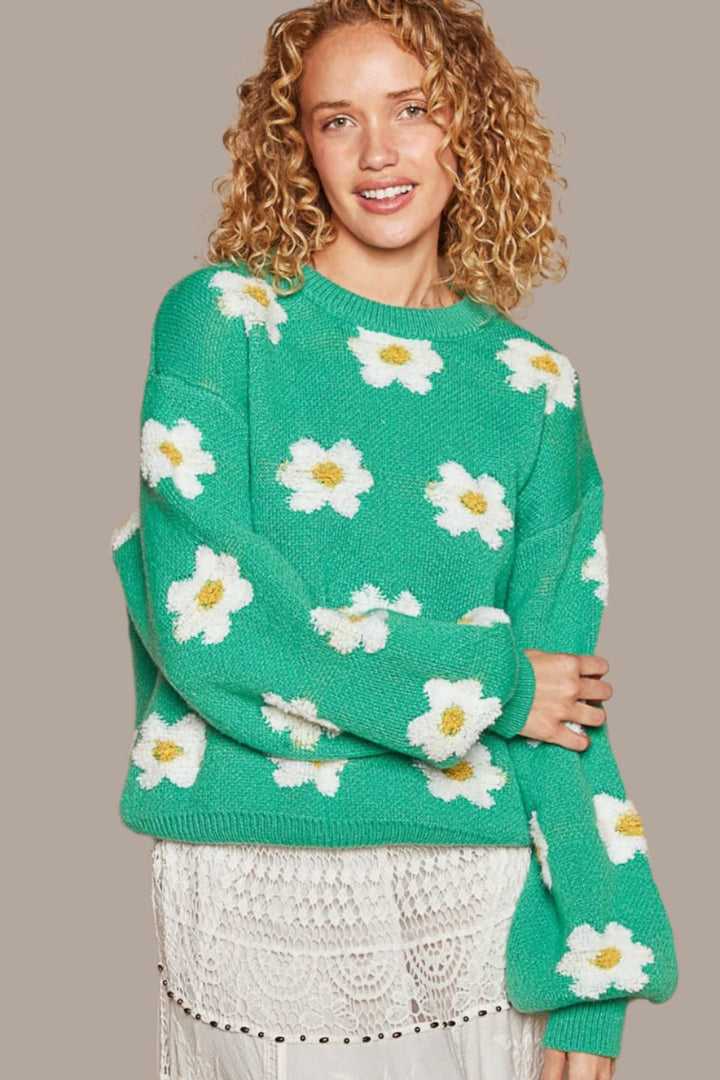 POL Daisy Pattern Drop Shoulder Sweater In Shamrock