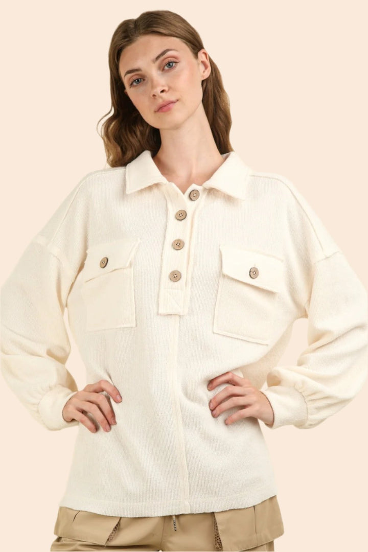 VERY J Collared Half Button Knit Top with Pockets In Cream