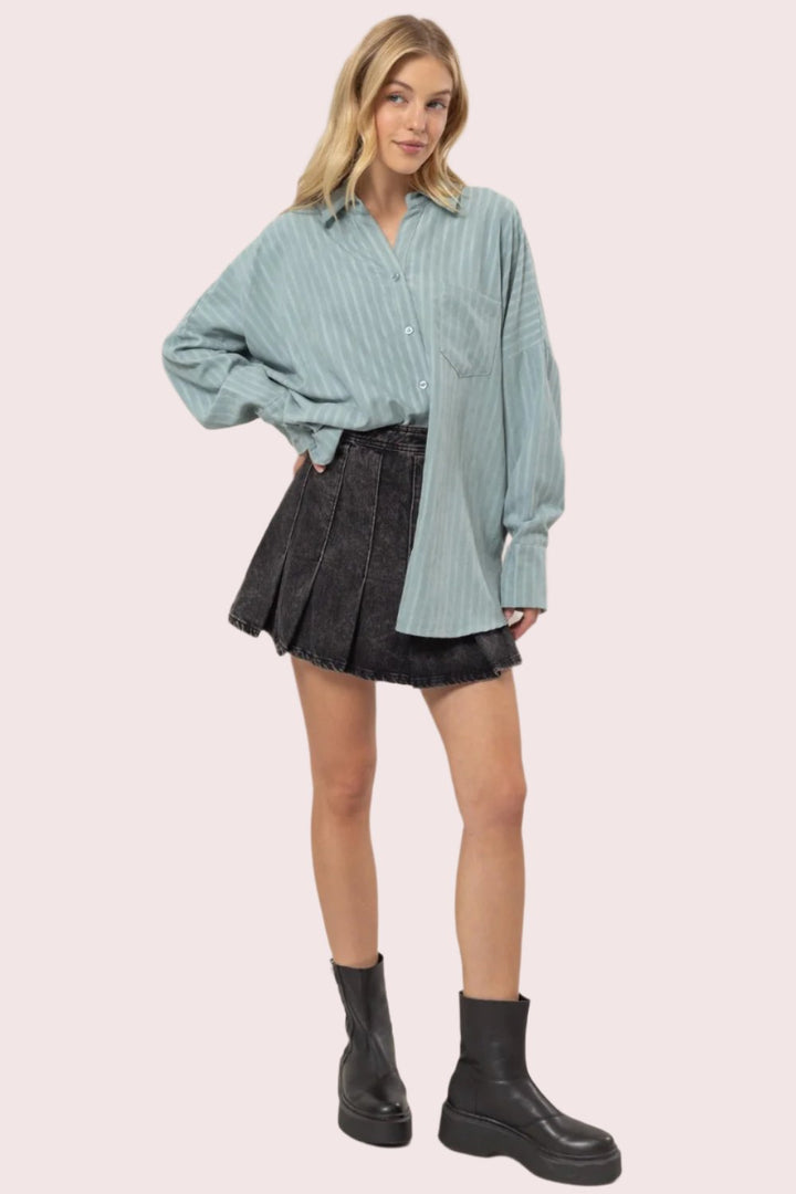 HYFVE Stripe Button Down Long Sleeve Oversized Shirt In Dusty Aqua