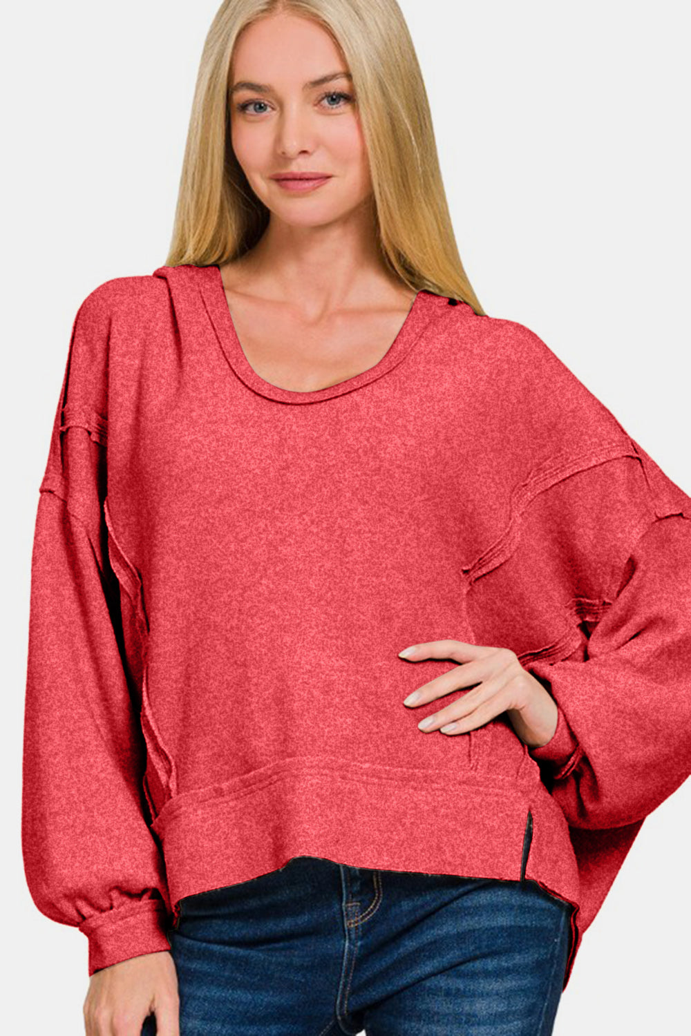 Zenana Brushed Hacci Exposed Seam Hoodie In Red