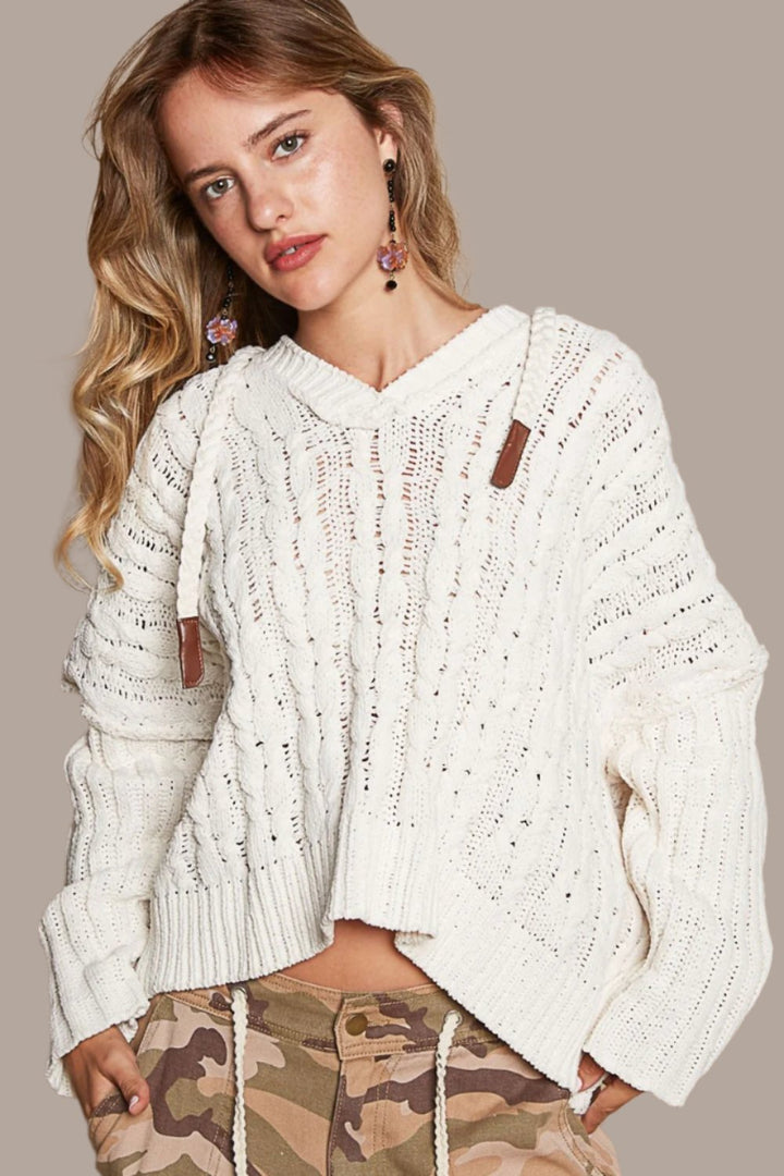 POL Rib Weave Sleeves Hooded Cable Knit Sweater In Cream