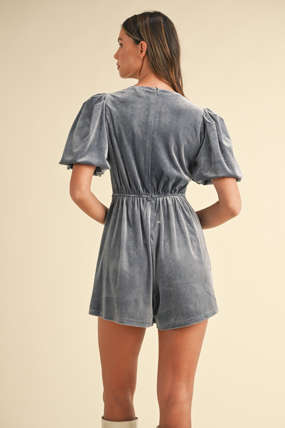 Mable Jewel Bow Decor Puff Sleeve Velvet Romper In Dusty Blue