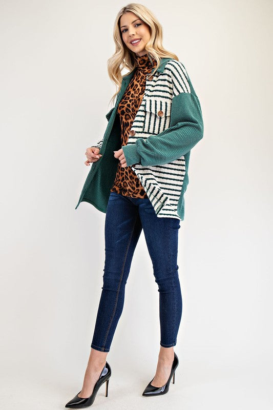 Celeste Leopard Contrast Button Up Shacket In Turquoise