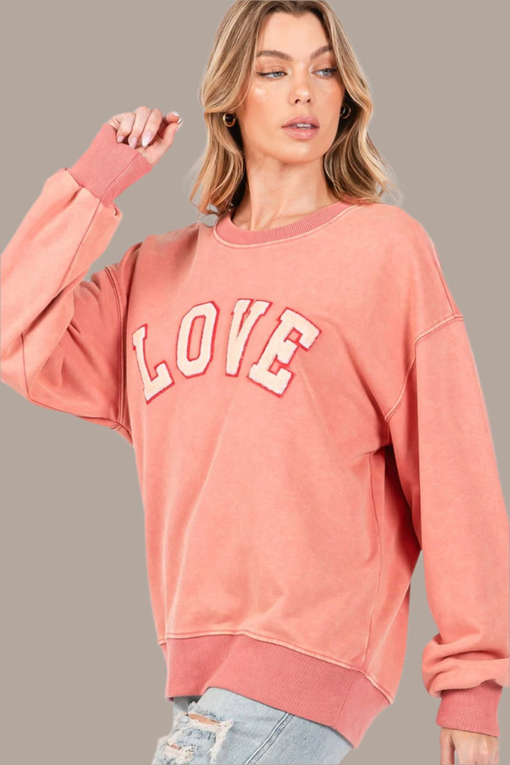 SAGE + FIG LOVE Path Applique Drop Shoulder Sweatshirt In Pink Orange